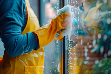 A woman cleans window glass wearing rubber gloves.