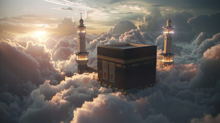 muslims community holy place of worship khaana kaaba in clouds illustration, ai generated