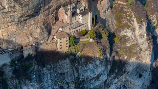 Medieval church Santuario Basilica Madonna della Corona on the cliffs Verona, Italy. High quality 4k footage