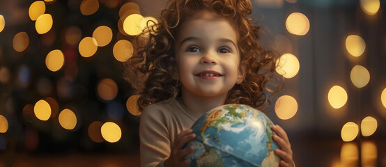 Fototapeta premium cute little child with curly hair holds the Earth globe in hands, on a dark background with lights and a bokeh