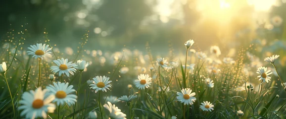 Foto op Plexiglas A field of white daisies basking in the sunlight, creating a stunning display of natural beauty and tranquility. Floral background © guruXOX