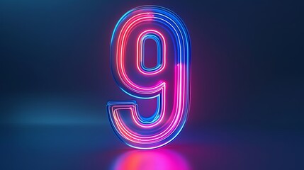 3d rendering. Neon number nine. Glowing colorful line inside the glass symbol 9 shape. Top char