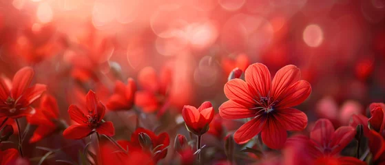  A vibrant sea of red flowers basks in the warm sunlight, creating a breathtaking natural display of colors and beauty in a tranquil field. Natural flowers background. Nature floral wallpapers © guruXOX