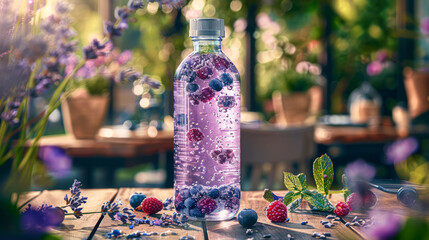 Sparkling berry infused water on a table with sunlight showcasing natural and refreshing vibes