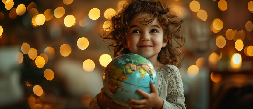 cute little child with curly hair holds the Earth globe in hands, on a dark background with lights and a bokeh