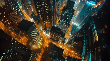An aerial view of a bustling city at night, with skyscrapers lit up creating a glowing urban canyon effect amidst the darkness.