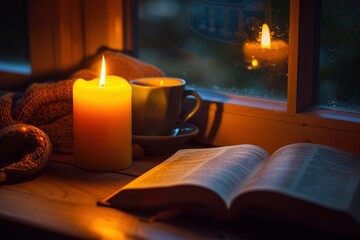 A tranquil scene with an open book, candlelight, and a cup of coffee on a windowsill, encapsulating a perfect cozy evening indoors.