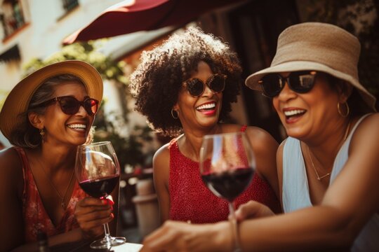 women laughing and having wine together in summer