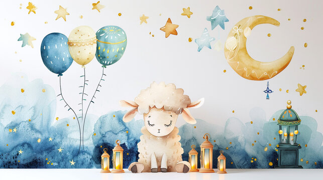 eid ul adha greeting card with sheep and balloons and crescent and lamps , on white watercolor background, with white Sheep, you can use it for islamic occasions like Eid Ul Fitr and Eid ul adha