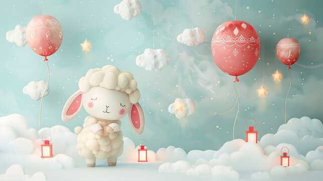 eid ul adha greeting card with sheep and balloons and crescent and lamps , on white watercolor background, with white Sheep, you can use it for islamic occasions like Eid Ul Fitr and Eid ul adha