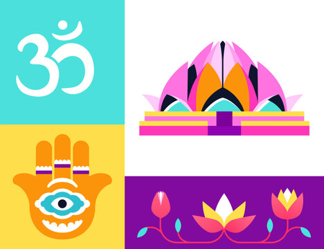 Spiritual symbols of India - set of flat design style illustrations. Colored images of Hamsa hand and Lotus Temple. Nagari or devanagari inscription. Eastern religion and the beauty of flowers