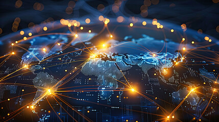 Global Digital Networking and Earth Connectivity, Technology Concept in Blue Abstract Space