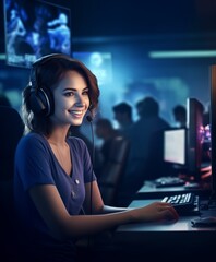 Woman Sitting in Front of Computer With Headphones