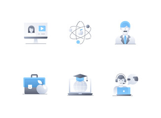 Online learning and knowledge - flat design style icons set. High quality colorful images of video lessons, atom and apple, professor, suitcase, laptop and graduation, education, remote student idea