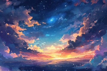 Naklejka premium Anime style Night sky with stars and trees