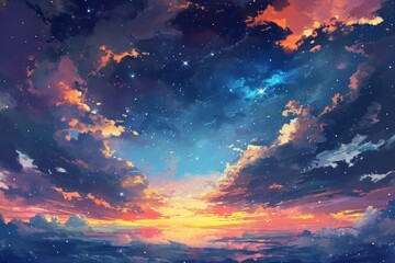 Fototapeta na wymiar Anime style Night sky with stars and trees