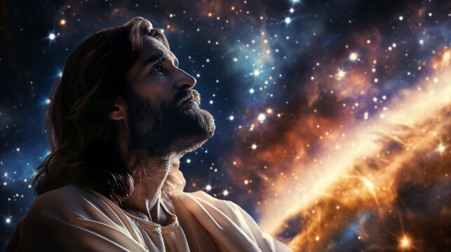 Jesus depicted as a cosmic gardener, nurturing a galaxy of stars and planets, symbolizing His role in the creation and sustenance of the universe, set against a backdrop of celesti