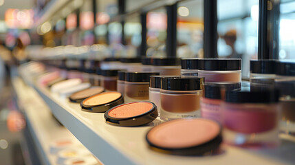 A vibrant display of various makeup products on shelves in a retail store, focusing on the beauty and cosmetics industry