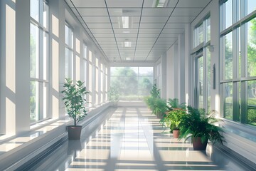 view of a hospital corridor, bathed in natural light filtering through large windows, portraying a serene and healing environment in ultra-realistic 16k resolution.