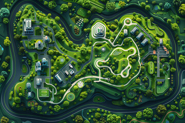 Digital art illustration of landscape and urban design with green spaces, recreational areas, and residential planning