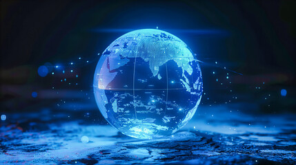 Global Planet Earth, Digital Network Technology, Blue Space Background with Glowing Continents