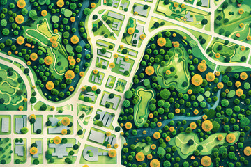 Digital art illustration of landscape and urban design with green spaces, recreational areas, and residential planning