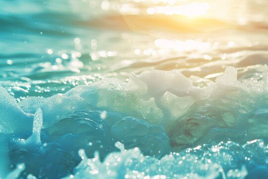 Beautiful background image with natural flowing transparent sea turquoise water of surf, with white foam backlit by rays of sun.