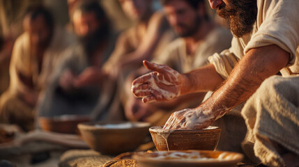 Jesus washing the disciples' feet at the Last Supper, showcasing humility and service, with a focus on the tender act of washing and drying, set against a backdrop of the shared me - obrazy, fototapety, plakaty