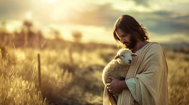 The parable of the lost sheep, illustrated with Jesus holding a single lamb in a vast wilderness, symbolizing His relentless love and pursuit of every individual soul, with copy sp