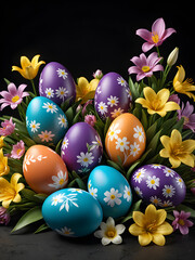 Fototapeta na wymiar Colorful easter eggs with spring flowers on dark background. Happy Easter banner.