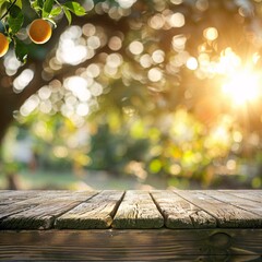 Banner with empty old wooden table. Blurred background with flowers and fruit trees, with orange...