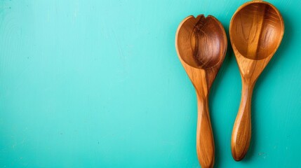 Two wooden spoons lay gracefully on a vibrant turquoise background
