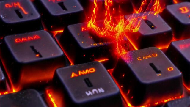 Computer keyboard on fire with flames