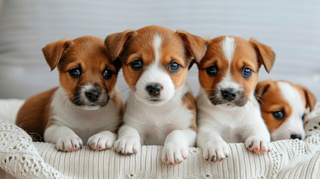 puppies over a white blank drawing board, white background