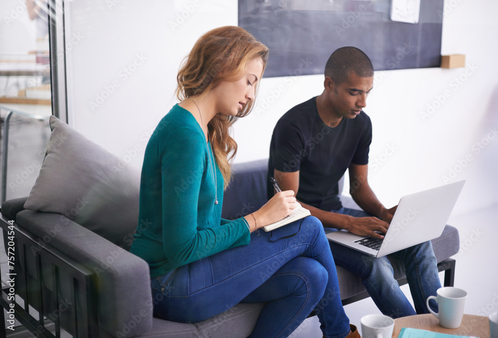 Poster students, laptop and notebook with writing for research, project planning or studying together. frie