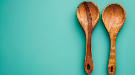 Two wooden spoons lie side by side, creating a symmetrical and balanced composition