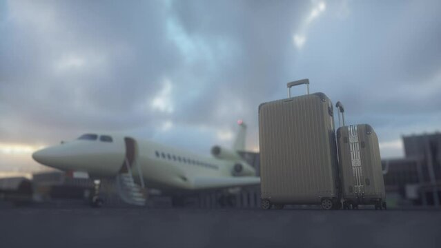 Travel luggage with waiting private jet. Private jet waiting for a flight. Travelling concept