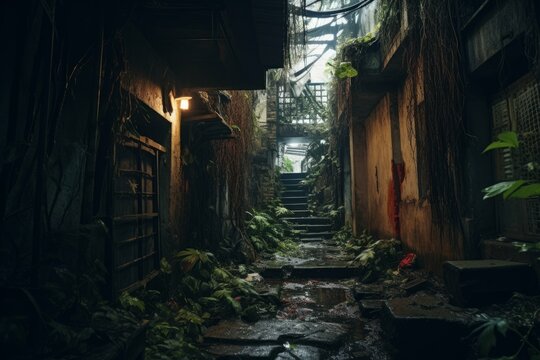 a small alleyway inside an abandoned building