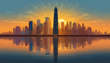 Illustration of reflection in water of city skyscrapers at sunset - obrazy, fototapety, plakaty