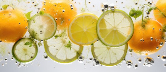 Citrus fruits like lemons, limes, and oranges are floating in water. These ingredients can be used in various recipes to create delicious drinks like sweet lemonade or tangy Rangpur cocktails