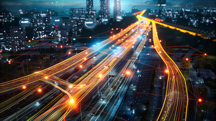 Fototapeta na wymiar Night Traffic in the City, Speeding Cars on Urban Road, Modern Transportation and Motion Concept