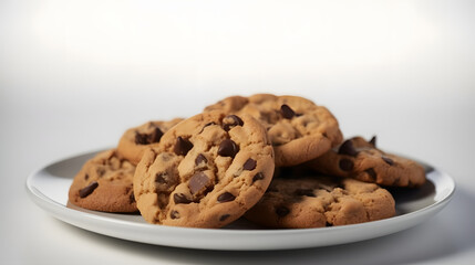 chocolate chip cookies on plate on white background