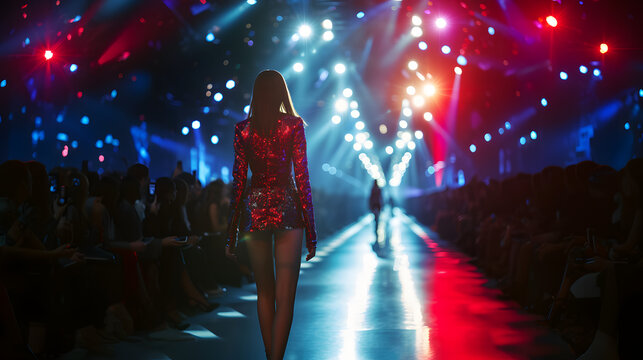 Fashion model strutting on a runway with dramatic lighting at a high-profile fashion event. Glamour and entertainment concept. Design for fashion news, event coverage
