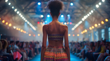 Fashion model facing the audience on a catwalk with blue runway lights. Fashion industry and...