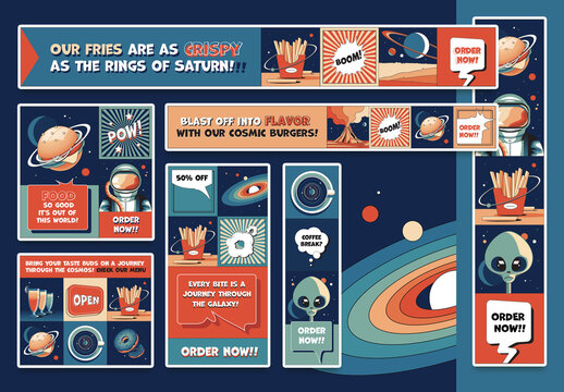 Retro Fast Food Diner Web Banner Ad Template Set in Space Theme