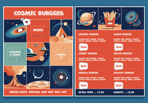 Retro Fast Food Menu Template In Vintage Cartoon Space Theme