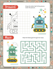 Fototapeta na wymiar Activity Pages for Kids. Printable Activity Sheet with Robots Activities – Maze, Drawing. Vector illustration.