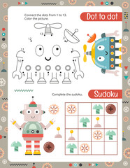 Activity Pages for Kids. Printable Activity Sheet with Robots Activities – Sudoku, Dot to dot. Vector illustration.