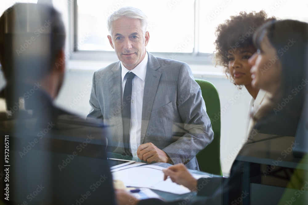 Poster Business people, collaboration and meeting with documents in office for corporate planning, networking and diversity. Professional, employees and teamwork in boardroom with lens flare and cooperation