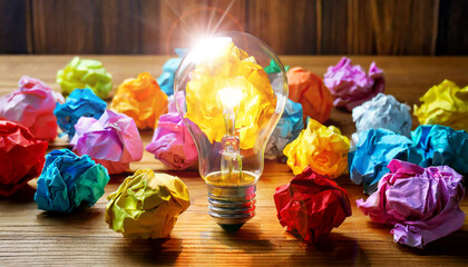 Close-up of a glowing light bulb surrounded by a large group of crumpled colorful paper balls on a wooden table. Creative brainstorming process and success mind concept. Generative Ai.